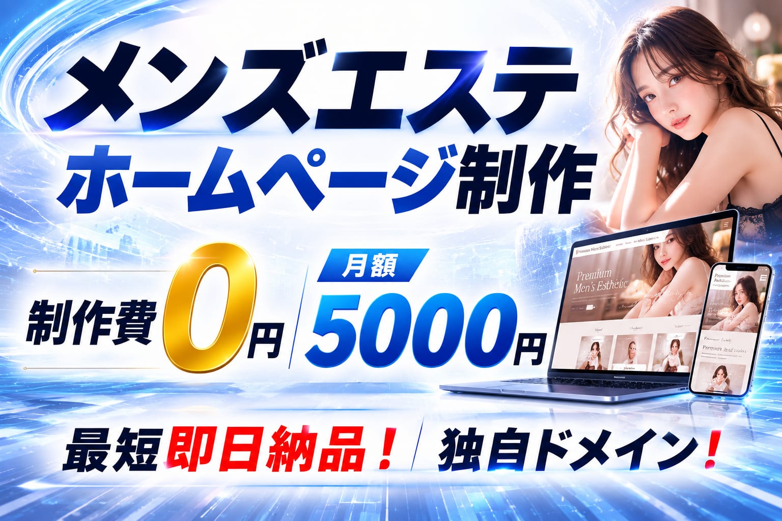 メンズエステ店のホームページ制作システム — 最新AI搭載で圧倒的な更新スピード!セラピスト紹介文・お知らせ・ブログ・写メ日記などの文章をAIが自動生成。パネル写真をボタンひとつでAIが補正、美肌加工などが楽々。SNS連携で求人・集客を圧倒(インスタグラム・TikTok・LINE・X)。不要なコンテンツは非表示、メニュー配置自由、自由なコンテンツ作成可能。初期費用一切不要!